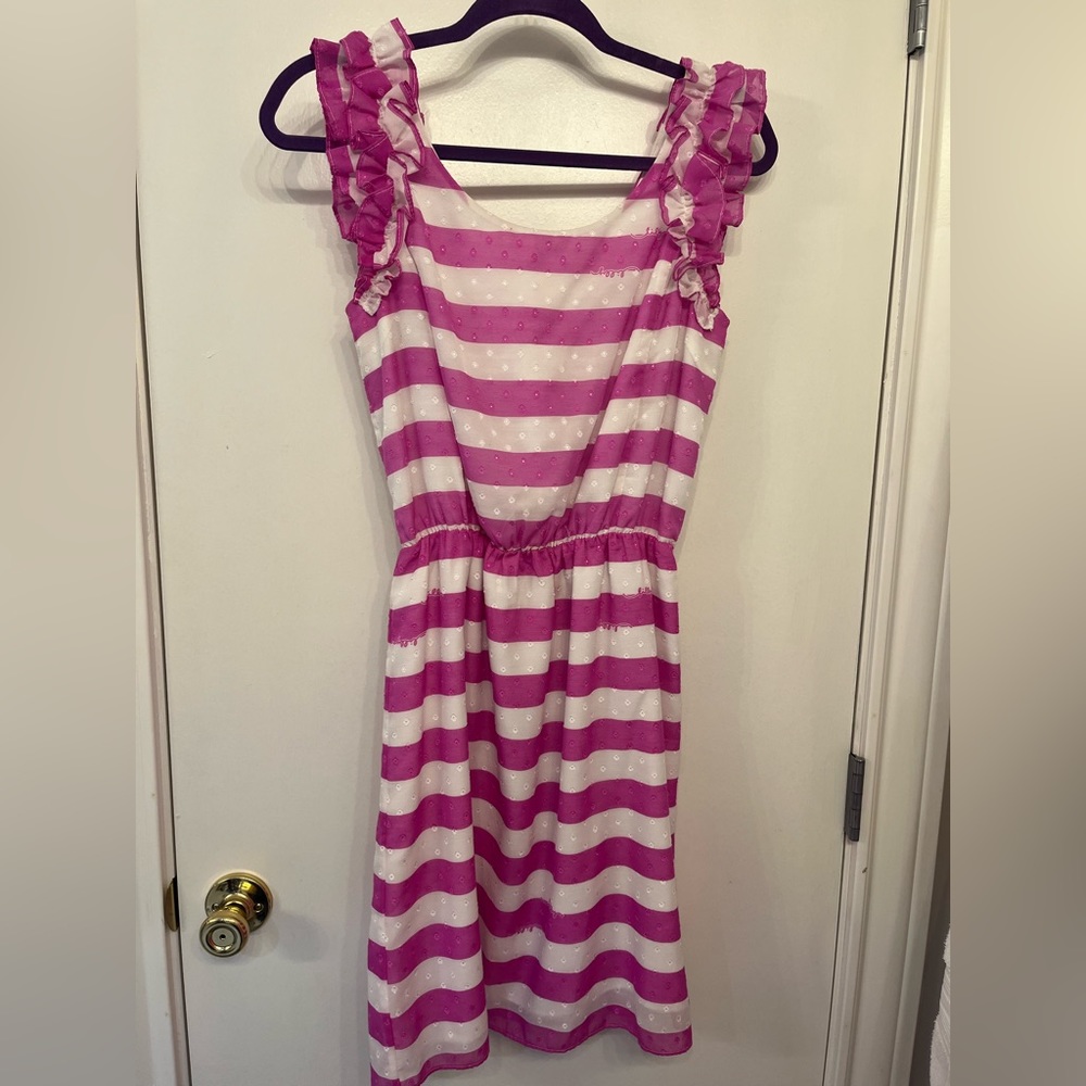 Lilly Pulitzer purple and white stripe dress with ruffle sleeves, size medium